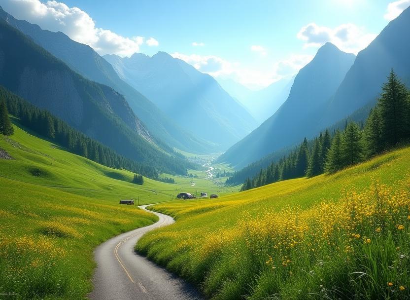 Austrian mountain valley with road and vibrant meadows