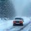 Snowy Austria road with car and alert icon