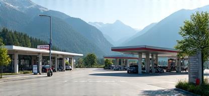 Modern Austrian autobahn rest stop with mountain backdrop